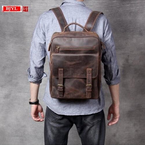 New Retro crazy horse leather Men backpack shoulder bag handmade first layer cowhide laptop backpack school bag travel backpacks