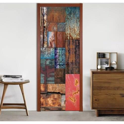 PVC Self-Adhesive Door Sticker Retro Iron Sheet 3D Wallpaper Living Room Kitchen Waterproof Door Decals Vinyl Home Decor Paste
