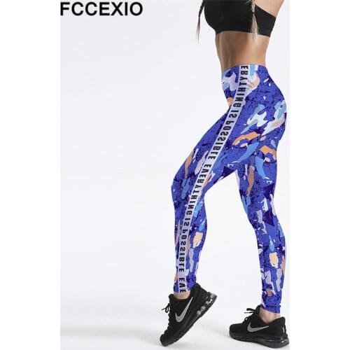 FCCEXIO Sexy Girl Pencil Pant New Blue Camouflage Letter Prints Elastic Slim Fitness Workout Women Leggings Plus Size