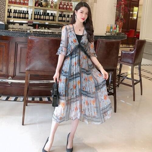 Silk Women Spring 200% Summer Floral Pleated Dress Korean Elegant Fashion Beach Ladies Dresses Boho Vestido L222NT682 KJ
