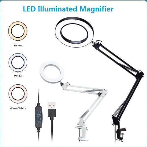 Foldable LED Illuminated Magnifier USB 3 Colors Magnifying Glass For Electronic Soldering RepairTable LampSkincare Beauty Tool