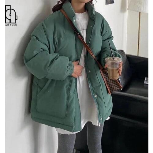 Luck A Women Short Parkas Solid Warm Thicker Winter Loose Outwear Zipper Button All-match Stand Collar Casual Solid Coats