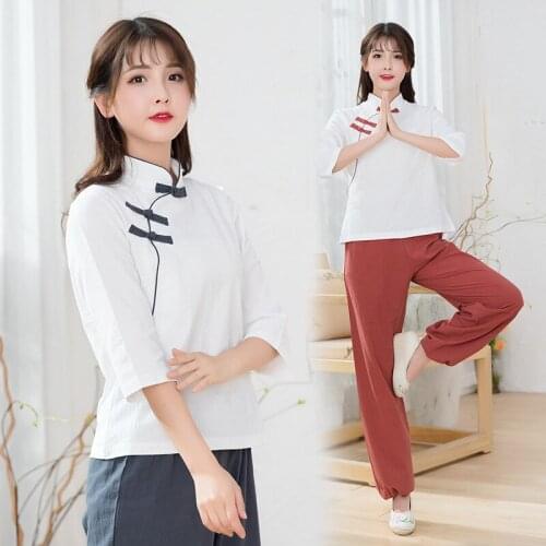 Women Yoga Set Linen Retro Patchwork Yoga Shirt Loose Wide Leg Yoga Pant Meditation Uniforms Tai Chi Kungfu Martial Arts Clothes