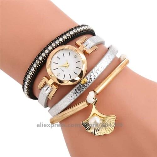 Women imitation pearl pendant leather watch wrap around elegance wristwatch for women wholesale clock long strap watches