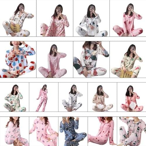 Women Autumn Long Sleeve Pajamas Set Button Down Sleepwear Cute Cartoon Animal Fruits Print Pocket Tops with Pants Loungewear
