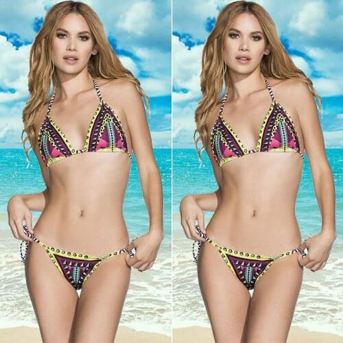 Women Sexy Triangle Swimsuit Bikini Halter Multicolor Lace Up Bandage Monokini Beach Bathing Swimwear High Waist Casual