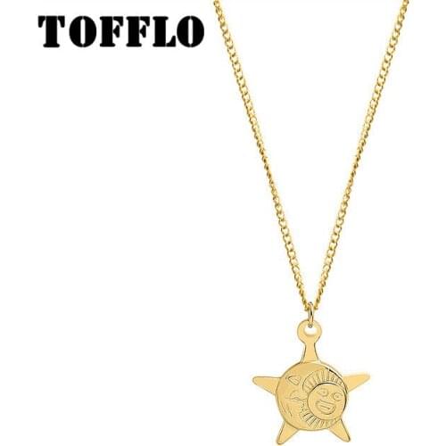 TOFFLO Stainless Steel Jewelry Five Pointed Star Sun Moon Necklace Female Personality Clavicle Chain BSP739