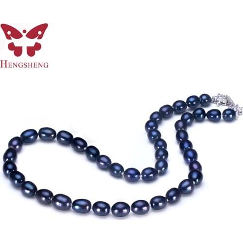 Noble Drop Natural Pearl Necklaces For Women Elegant Wedding Party Real Pearl Jewelry Black 8-9mm Silver 925 Necklace