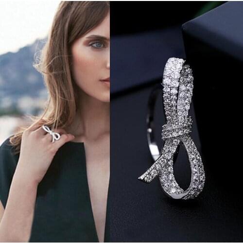 AAA Quality Fashion Micro Pave Cubic Z Crystal Bowknot Ring Luxury Wedding Silver Ring Jewelry for Women