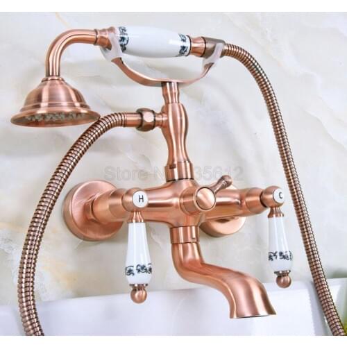 Antique Red Copper Wall Mounted Clawfoot Bathtub Faucet telephone style Bath Shower Water Mixer tap with Handshower tna329