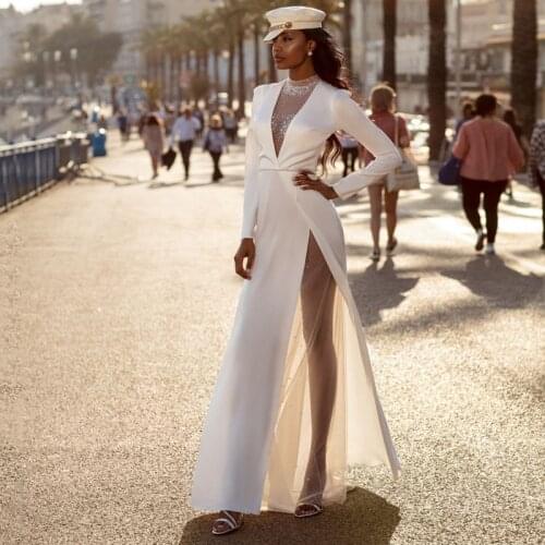 Eightree White Wedding Dress 2021 V-neck High Split Beading Boho Beach Long Sleeve Sexy Satin Backless Wedding Gowns Custom Made