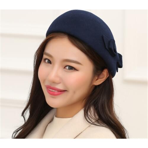 Winter Hat for Women British hat Warm retro Wool Beret Winter Cap Ladies Beanies Church Hats Cloche Bonnet Femme Fedoras bowknot
