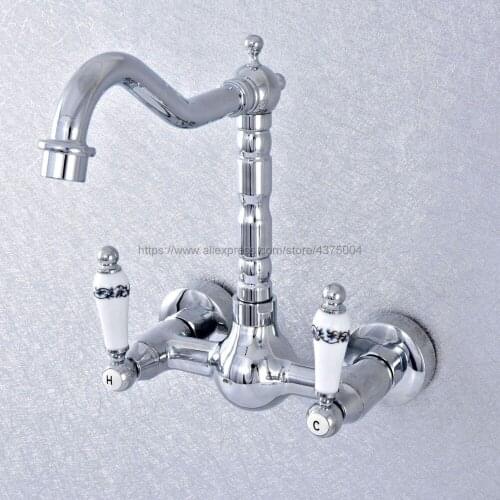 Chrome Dual Handles Bathroom Kitchen Sink Faucets Wall Mounted Swivel Spout Two Holes Kitchen Mixer Taps Nsf549