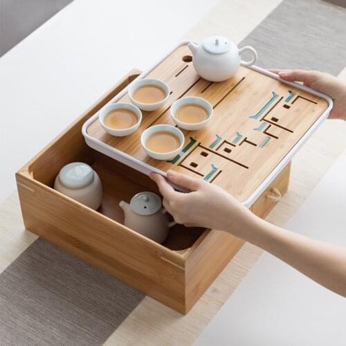 Storage Box Design Natural Bamboo Tea Tray With Drawer For Teacup Teapot Eco-friendly Tea Board For Home Hotel Teahouse Office