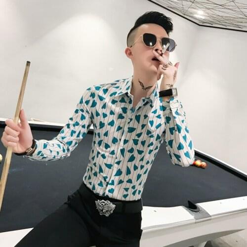 Spring New Fashion Stripe Mens Shirt Long Sleeve Simple Heart Print Casual Smoking Street Dress 3XL-M