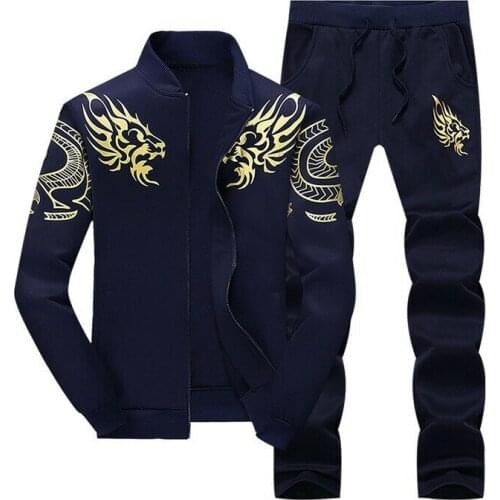 Men Sports Suit Set Dragon Print Tracksuit Sweat Long Sleeve Stand Neck Jacket Coat + Long Pant Casual Fashion Outdoor Leisure