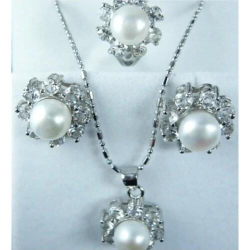 Set freshwater pearl white earrings, rings and Pendant Necklace Jewelry Valentines Day gift