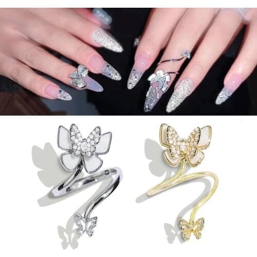 2021 new creative fingertip bowknot shiny crystal butterfly hollow nail cover ring for women bride wedding fashion jewelry