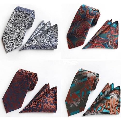 New Arrival Design Floral Stripe 8cm Silk Wedding Jacquard Men Tie Necktie Pocket Square Handkerchief Set Suit