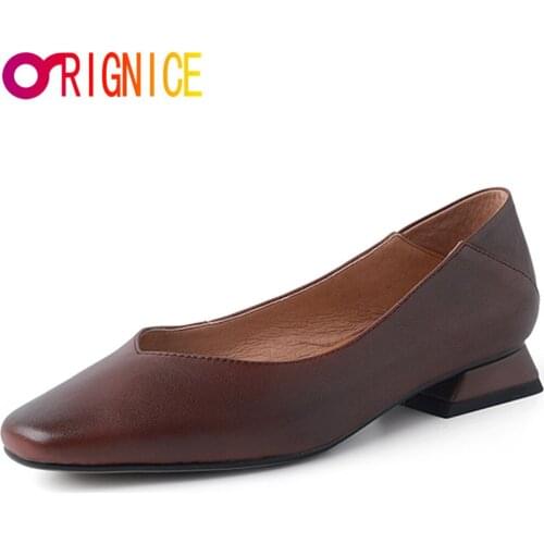 Orignice Autumn Fashion Women Pumps Good Quality Leather Ladies Thick High Heels Square Toe Shallow Slip On Office Work Shoes
