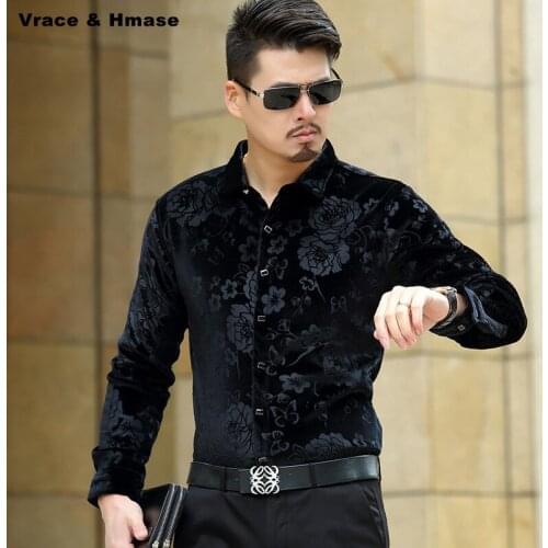 Autumn and winter thick warm quality pleuche long sleeve shirt Chinese style flower pattern fashion boutique men shirt M-XXXL