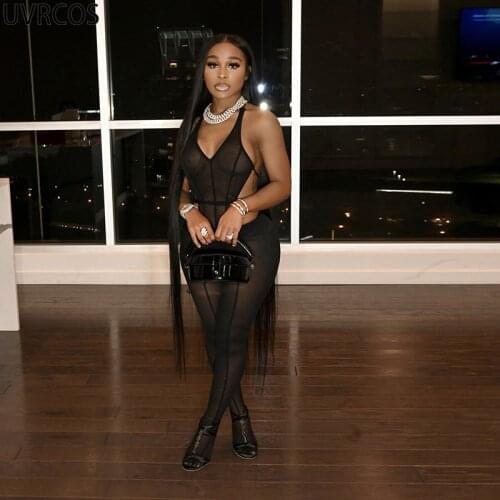 UVRCOS Club Outfits For Women Sexy Mesh 2 Piece Set Summer Hslter Sleeveless Backless Bodysuit+Light Leggings Bar Trouser Suits