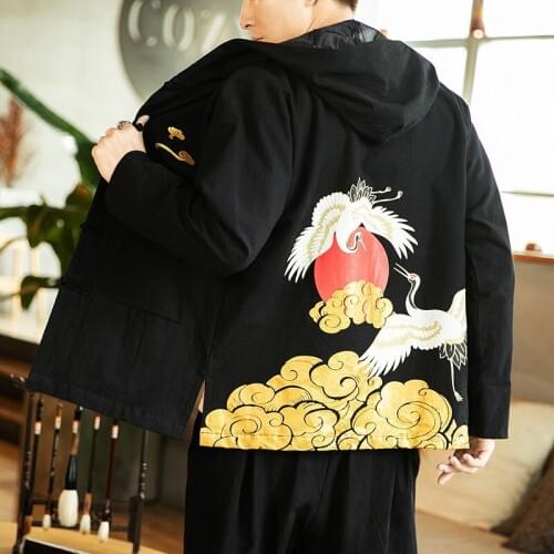 Oriental Clothes Men Embroidery Kimono Jacket Men Plus Size 5Xl Black Loose Hooded Coat Vintage Coat Traditional Chinese KK3031