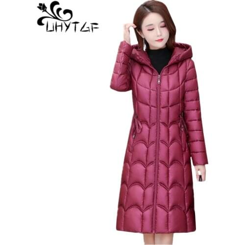 UHYTGF Quality Shiny Down Cotton Winter Coat Women Fashion Hooded Cold Warm Parker Jacket Female Snow Casual Plus Size Tops 1338