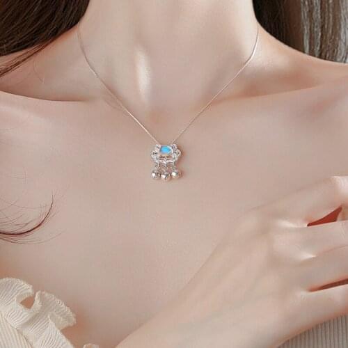 Sterling Silver 925 Pendant Necklaces For Women Moonstone Longevity Ruyi Lock Blue Bells Best Friend Friendship Jewelry On Neck