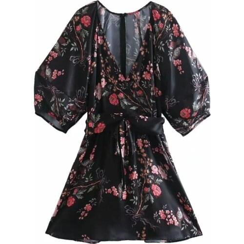 New Pop Women Floral Printed Dress V-neck Long Puff Sleeves Short Dress Vintage Elegant Chic Lady Vogue Woman Dresses