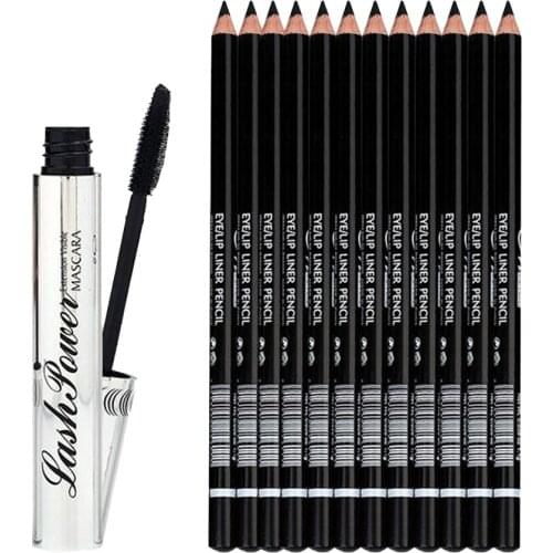 12Pcs Waterproof Eye Liner Eyebrow Black Pencil + Eyelash Long Curl Mascara