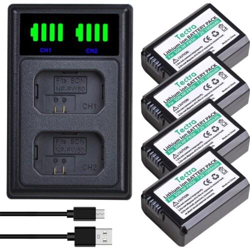 4Pcs 1500mAh NP-FW50 NP FW50 Camera Li-ion Batteries+LCD USB Dual Charger for Sony Alpha a6500 a6300 a6000 a5000 a3000 NEX-3 a7R