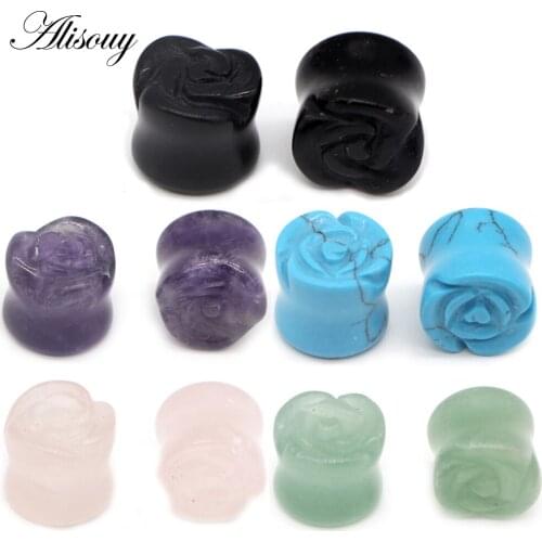 Alisouy 1 pair Natural Stone Ear Plug and Tunnels Single Flared Black Stone Earring Piercings Ear Gauges Expander Body Jewelry
