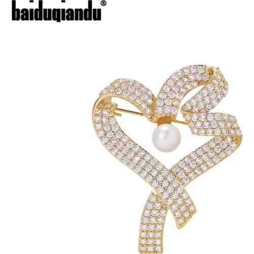 Baiduqiandu New Arrival High Quality Cubic Zirconia CZ Crystal and Shell Pearl Bowknot Brooch Lapel Pins