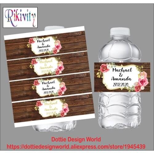 Rikivity Rustic Wood Rose Wedding Water Bottle Wine Labels Candy Bar Wrapper Stickers Anniversary Engagement Party Decoration