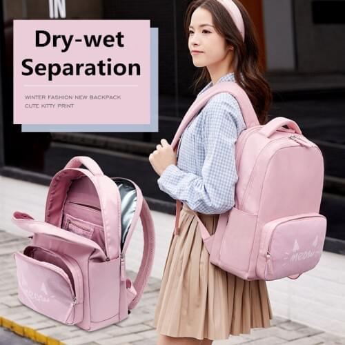 Women Girls Dry-wet Separation Backpack Waterproof Travel Bagpack Pink Cute Cat School Bags Canvas Bookbag Mochila Feminina