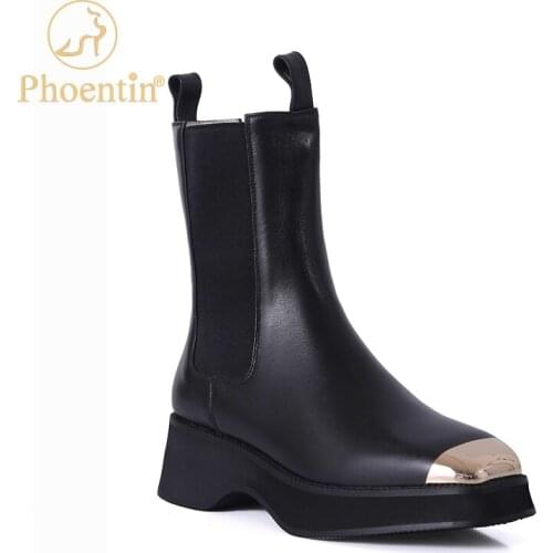 Phoentin leather ankle boots with thick soles metal square toe luxury brand boots chelsea chunky heels 2020 new arrival FT1126