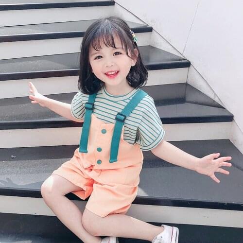 Summer Girls 2pcs 1-6T Baby Girls Clothes Set Outfit Short Sleeve Trousers Girls Striped T-shirt Solid Color Overalls Kit