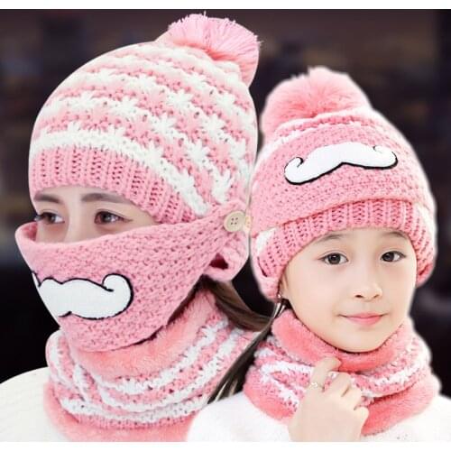 Cute Parent-Child Hat Women Knitted Hat Scarf 3 Set Fashion Knit Hat Collars Female Girl Warm Snow Caps Windstoper Mask Hat Set