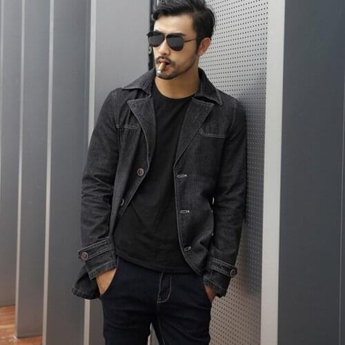 Fashionable Urban Youth Lapel Handsome Denim Jacket Casual Washed Cotton Coats Autumn Winter Mens Mid-length Jean Windbreaker