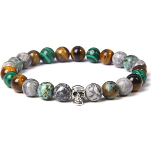Skull Bracelets Men Natural Chakra Stone Beads Bracelet Malachite Tiger Eye Bangle For Women Silver Color Charm Armbanden Jewelr