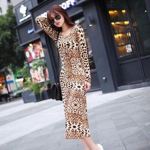 Sexy tight leopard dress women vintage spring summer bodycon pencil dress fashion ladies long leopard print dress