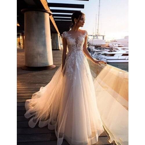 Ruby Bridal Champage Tulle Bridal Gown Long A-line Wedding Dresses 2020 Sleeveless Boho Bridal Gown Sweep Train vestido de noiva