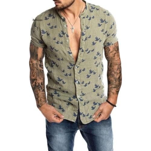 Men Gothic Cotton Linen Floral Printed Short Sleeve Shirt Casual Streetwear Slim Fitness Men Shirts Blouse New