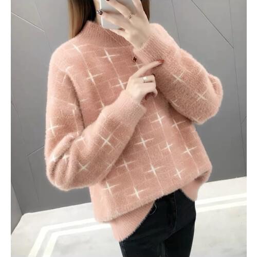 Sweater Women o neck Jumper Imitated Mink Wool Pullovers Loose Glitter geometric Sweter Women Clothes Vestidos LXJ9009