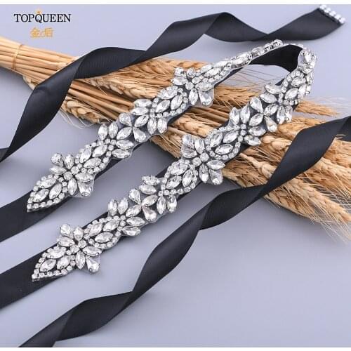 TOPQUEEN S429 Silver Rose Gold Rhinestone Belt Elegant Black Dresses Belt for Women Diamond Belt for Bridesmaid Dress Sash Belt