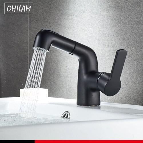 Pull Out Bathroom Basin Sink Faucet Single Handle Hot and Cold Water Crane Vessel Black Chrome Finished Hair Wash Sink Mixer Tap