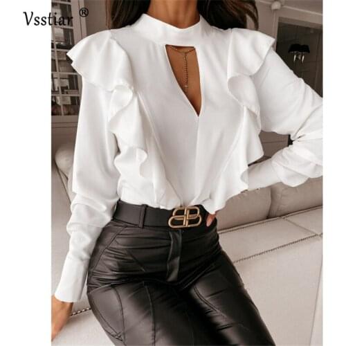 Ruffles Blouse Shirts Sexy Women V Neck Long Sleeve Ladies Tops Autumn Winter White Black Casual Office Woman Blouses Clothing