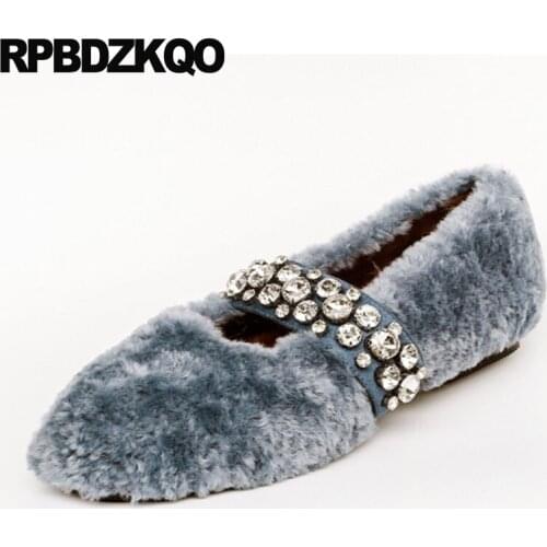 Crystal casual diamond blue fur winter ladies women round toe 2019 chinese slip on shallow designer shoes china rhinestone flats