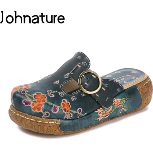 Johnature 2020 New Women Shoes Slippers Handmade Retro Genuine Leather Flower Comfortable Platform Wedge Women Sandals Slides